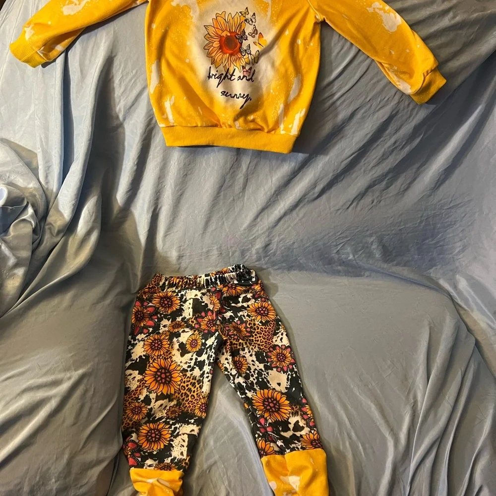 Yellow Sunflower Sweatshirt and Floral Pants Set - Picture 1 of 6